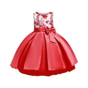 Penkiiy Toddler Girls Solid Color Pearl Embroidery Bowknot Birthday Party Flowers Gown Kids Dresses Easter Dresses for Toddler Girls 4-5 Years Red On Clearance